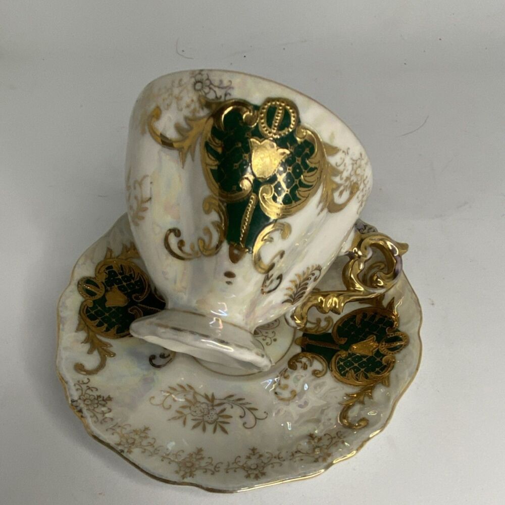 Royal Sealy Japan Demitasse Cup & Saucer Iridescent Mother-of-Pearl Gold Green